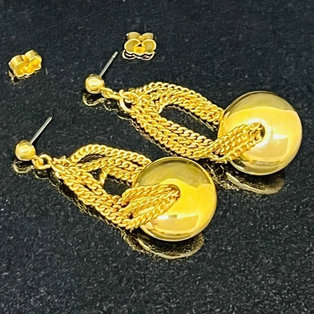 Vintage Earrings Gold Tone Chain Dangle Drop Puffy Donut Bead Pierced Y2K 1428